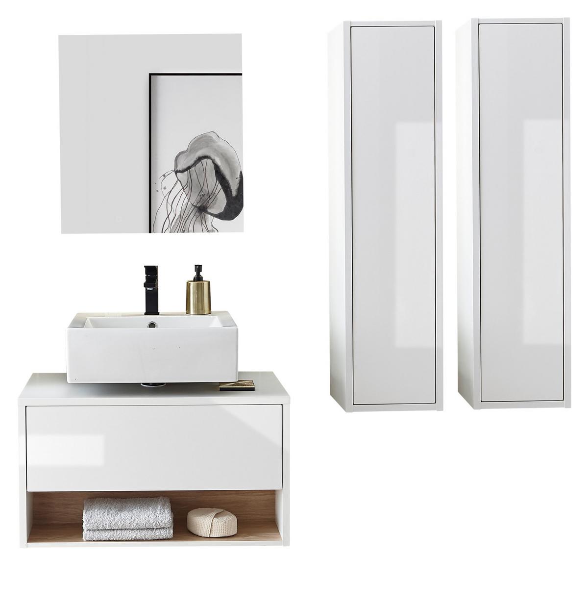 BADMÖBEL-SET 4-teilig weiß Hochglanz, Eiche 160 cm, Kombination mit LED Beleuchtung - Weiß Hochglanz/Eichefarben, Glas/Holzwerkstoff (160/190/46cm) - Furn.Design