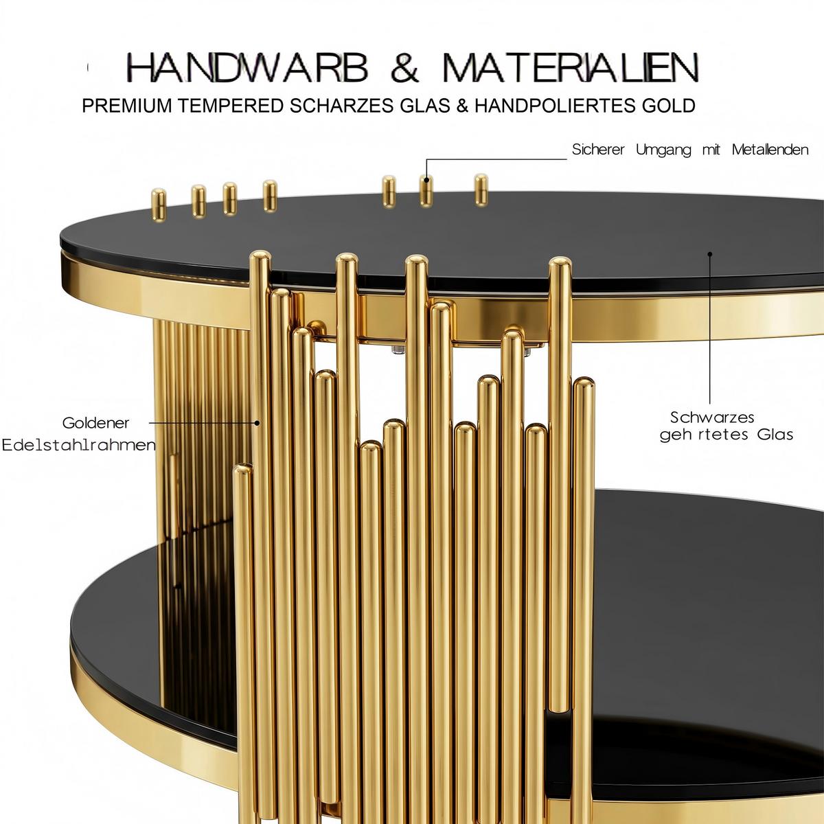 COUCHTISCH rund schwarz & gold Ø 80 cm doppelglas & edelstahlgestell - Goldfarben, Metall (80/80/45cm) - Urban Meuble