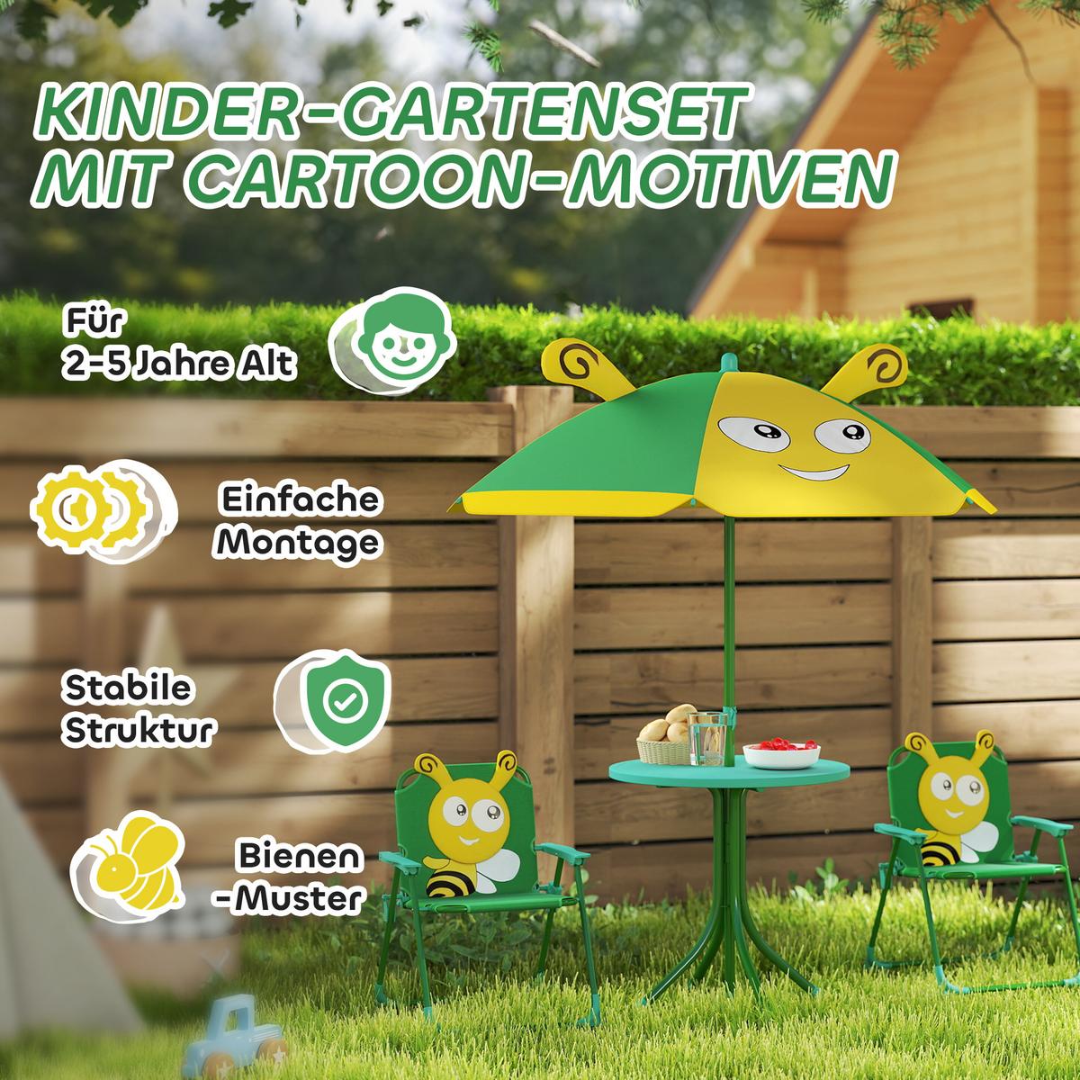 KINDERSITZGRUPPE Garten Kindersitzgarnitur mit 2 Klappstühlen Bienen-Muster Grün - Grün, Metall - AIYAPLAY