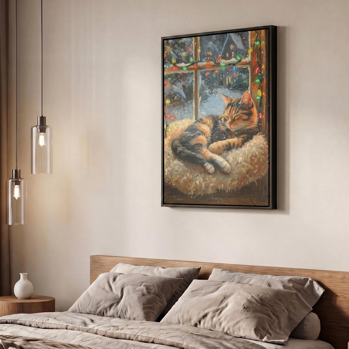 LEINWAND Bilder mit Rahmen - Katze - Weihnachten - Winter - Tier - 60x80 - Bernsteinfarben, Textil (60/80cm) - MuchoWow