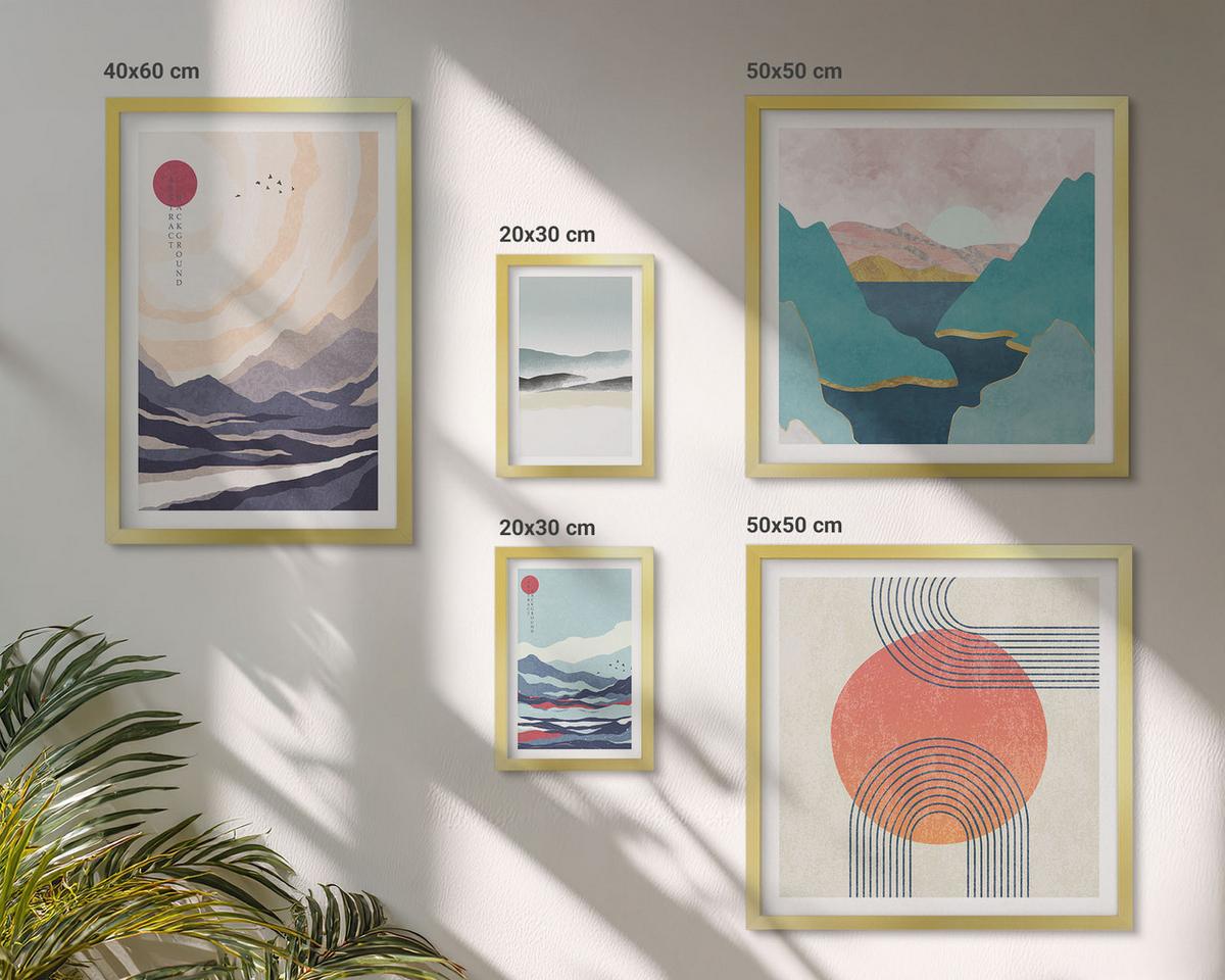 BILDER SET 5er Set - 50x50 cm & 20x30 cm & 40x60 cm Goldrahmen - Farbenfrohe Muster der Japandi-Flussberge - Goldfarben, Kunststoff (40/60cm) - TULUP