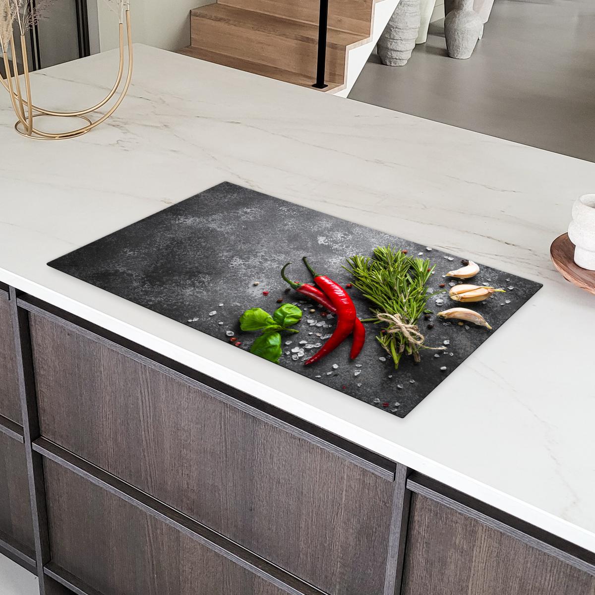 HERDABDECKPLATTE Pfeffer - Kräuter - Gewürze - Beton Ceranfeldabdeckung 90x52 cm - Rot, Kunststoff (90/52/0.2cm) - MuchoWow