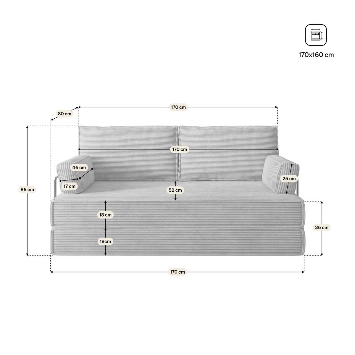 BETTSOFA SILAR aus Schaumstoff Kordstoff Hellgrau Schlaffunktion - Hellgrau, Textil (170/86/80cm) - MASSENO