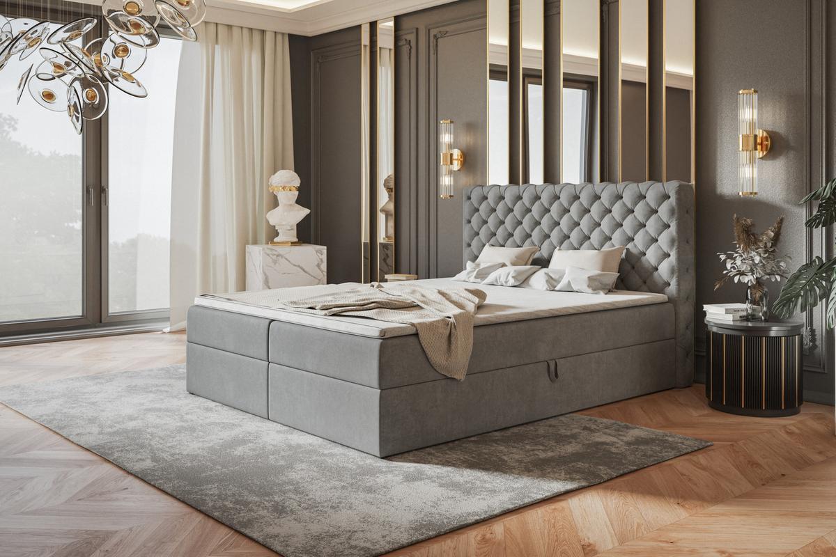 BOXBETT MIAMI mit 2 Bettkästen, 120x200, Farbe: Grau, Velourstoff, Doppelbett mit Bonell-Matratze - Grau, Holz/Kunststoff (120/200cm) - Alpi-Möbel