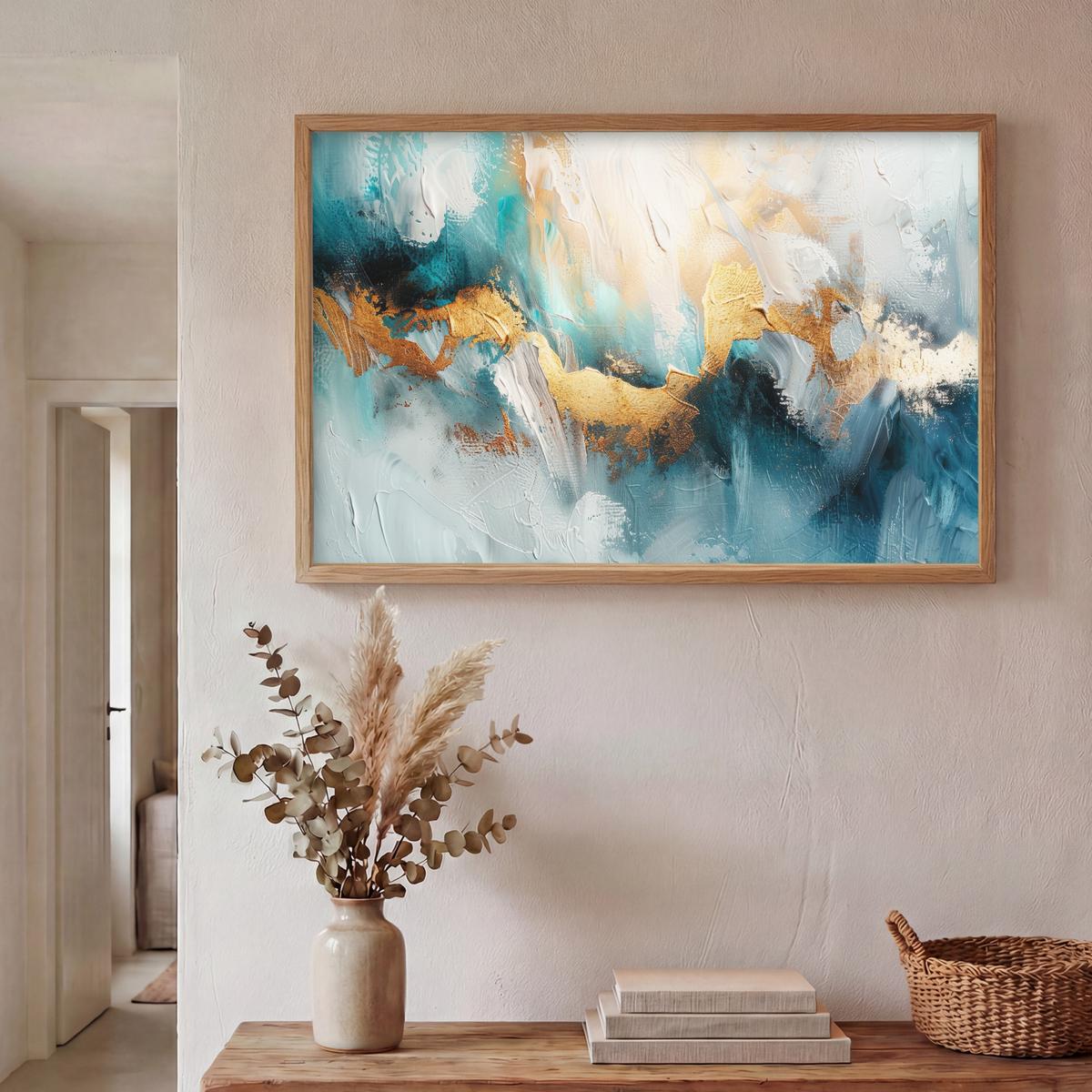 WANDLEUCHTE MIT AKKU Abstrakt - Kunst - Gold - Blau 90x60 cm - Türkis, Holzwerkstoff (90/60/8cm) - OnlyWow