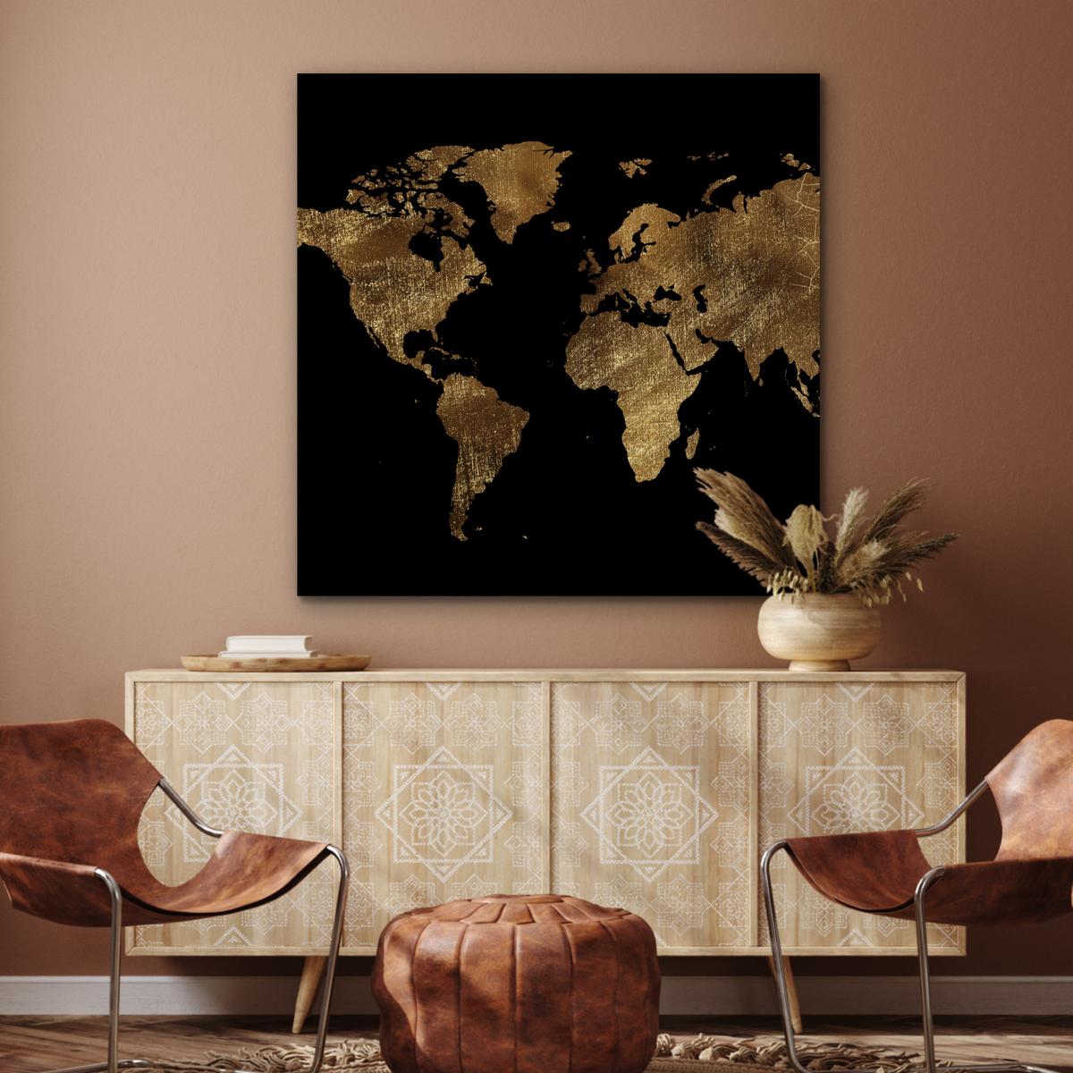 METALLBILD Weltkarte - Gold - Luxus - Erde - Schwarz 90x90 cm - Goldfarben, Metall (90/90cm) - MuchoWow
