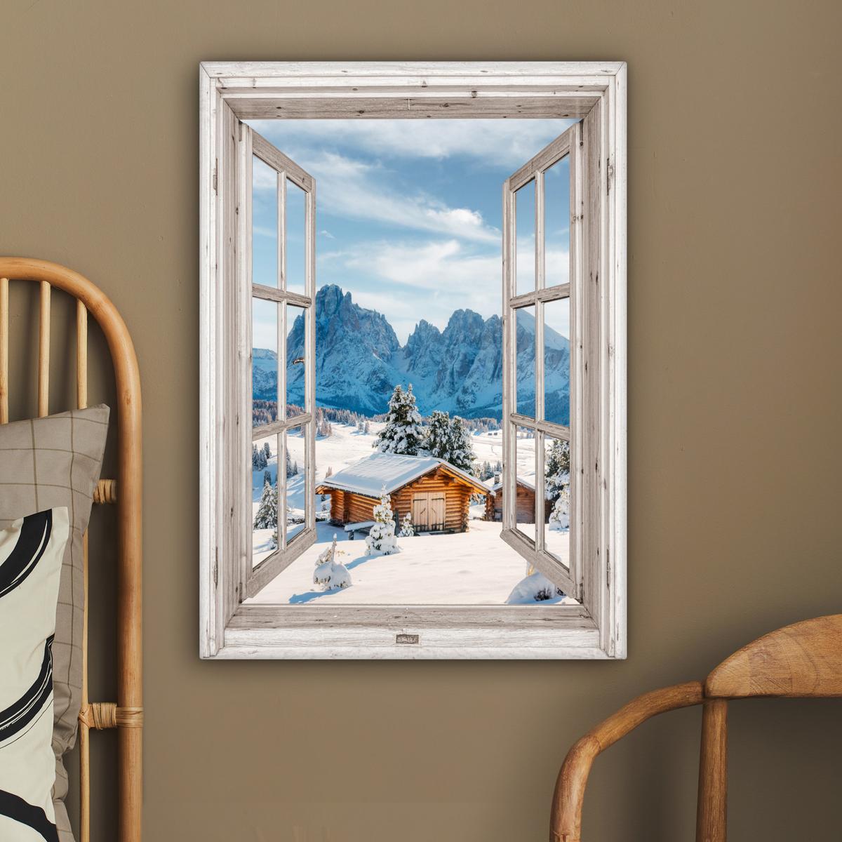 LEINWANDBILD Winterlandschaft - Hütte - Berge - Ausblicke - Aussicht - Natur Wandbild Wohnzimmer 60x80 cm - Weiß Hochglanz, Textil (60/80cm) - MuchoWow