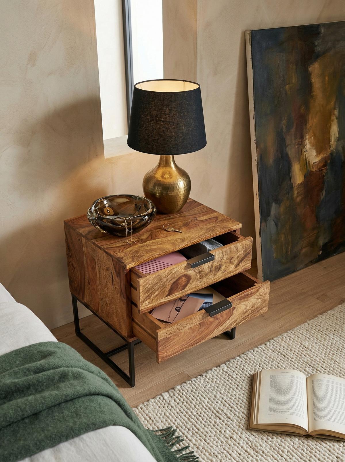 NACHTTISCH – Massivholz/Eisen, 50x40x51 cm, 2 Schubladen, Industrial-Stil - Schwarz/Braun, Holz/Metall (50/51/40cm) - KADIMA DESIGN