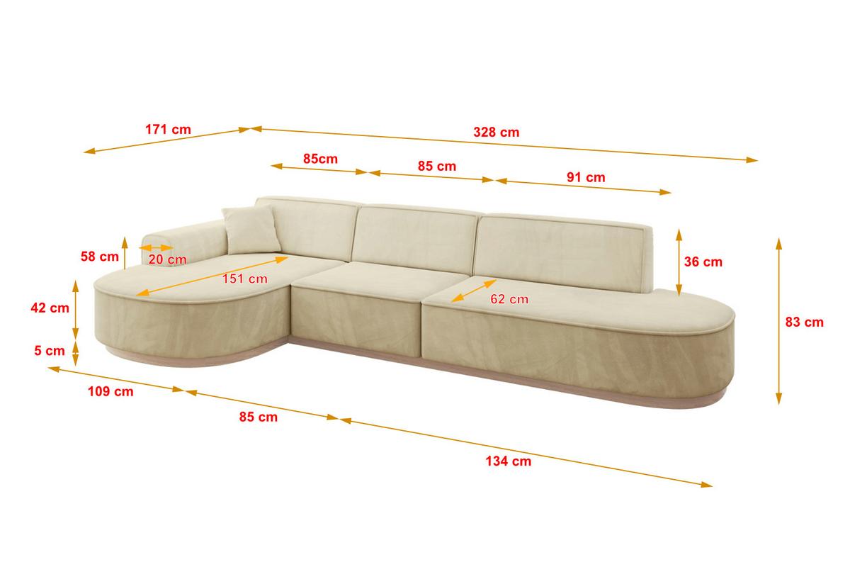 ECKSOFA Ottomane Links MARI-L2-v1 - 328x171x83 cm Beige Velours - Beige, Holzwerkstoff/Textil (328/171cm) - ALTDECOR