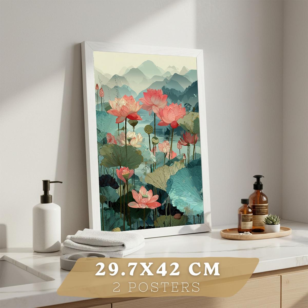 POSTER 2er-Set dekorative Badezimmerdrucke, japanisch-orientalische Kunstposter WC mit Lotusblumen, asiatische Landschaft, Stil Weißer Rahmen A3 - Weiß, Papier (42/29.7/3cm) - Nacnic