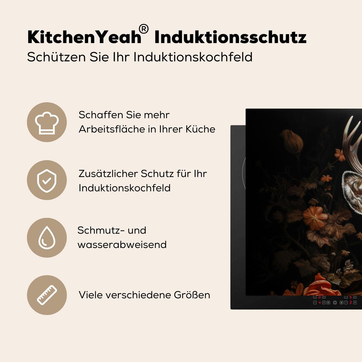 HERDABDECKPLATTE Hirsch - Tier - Blumen - Natur - Botanisch Induktionsschutz 89.6x51.6 cm - Kupferfarben, Kunststoff (89.6/51.6/0.2cm) - MuchoWow