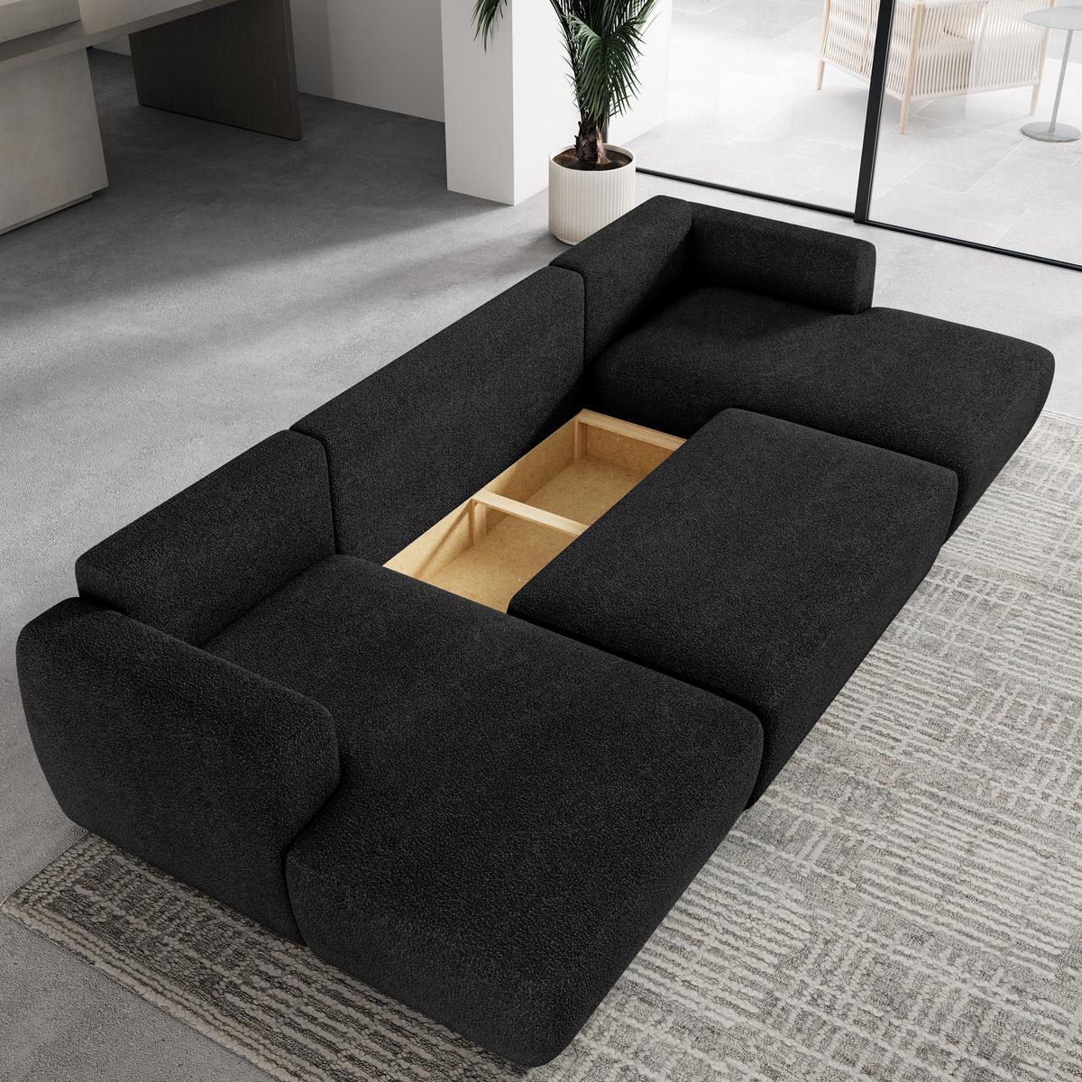 WOHNLANDSCHAFT SENTUM N Schwarz Boucle-Stoff mit Schlaffunktion - Schwarz, Holz/Kunststoff (330/90/148cm) - MASSENO