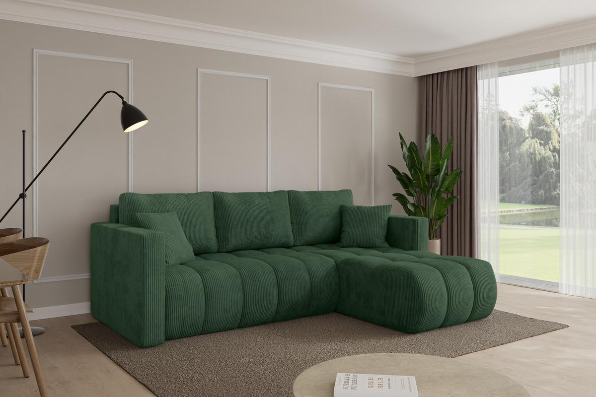 ECKSOFA mit Schlaffunktion Ottomane Rechts GARD-L 226x146x85 Grün Cord - Dunkelgrün/Schwarz, Holzwerkstoff/Kunststoff (226/146cm) - ALTDECOR