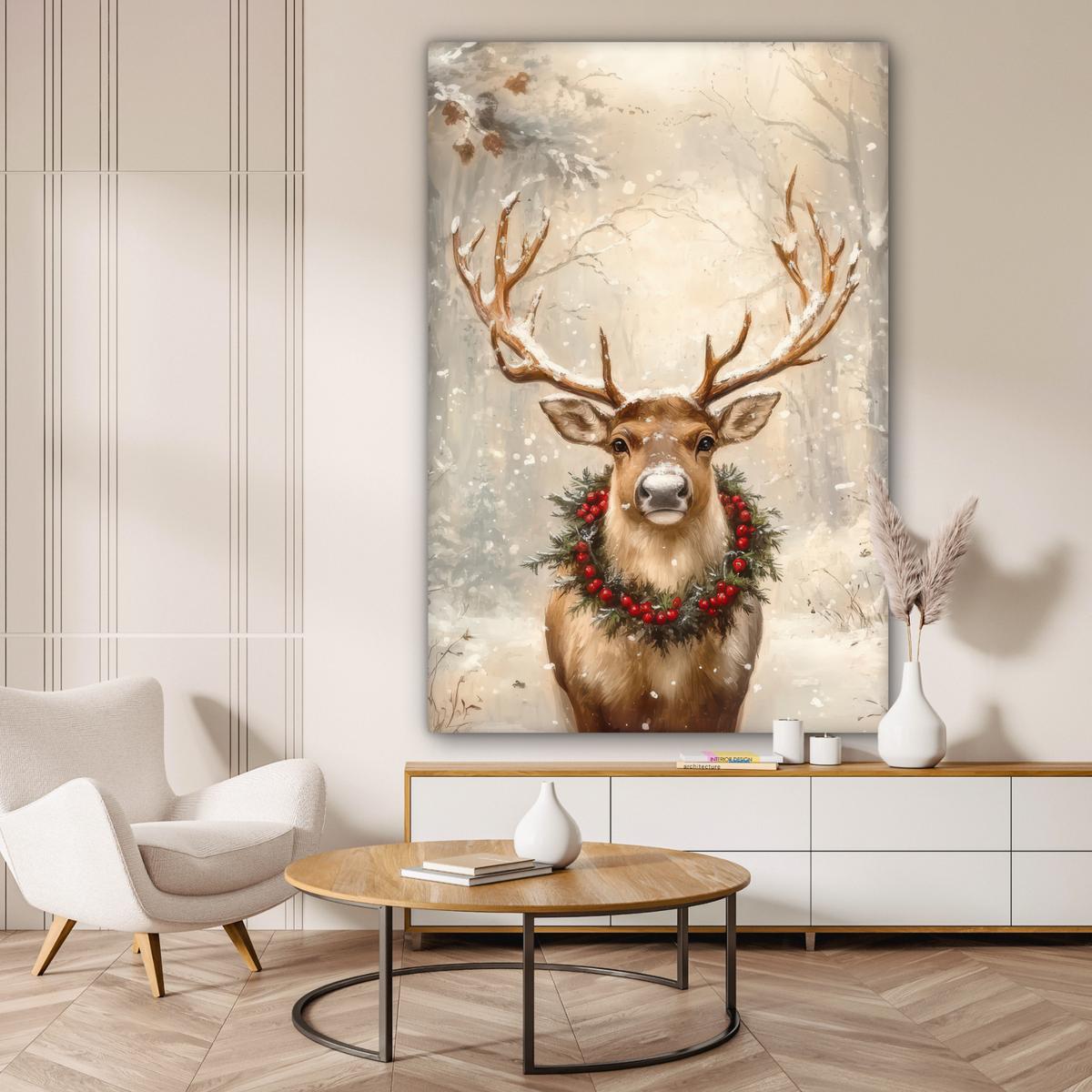 LEINWANDBILD Weihnachten - Rentier - Winter - Kranz Deko Groß 90x140 cm - Naturfarben, Textil (90/140cm) - MuchoWow