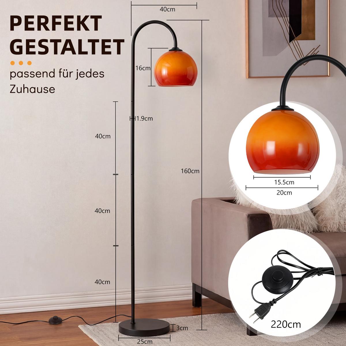 STEHLAMPE Quorlis 36/25/160 cm - Schwarz/Orange, Glas/Metall (36/25/160cm) - ZMH