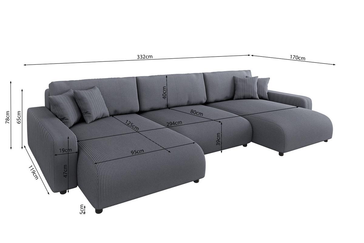 WOHNLANDSCHAFT Emma Grau Cord - Schwarz/Grau, Holz/Kunststoff (332/78/170cm) - S-Style Möbel