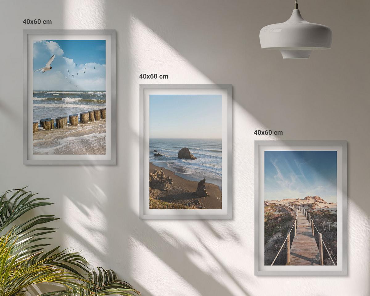 BILDER SET 3er Set - 40x60 cm Silberner Rahmen - Strandwellen, Himmelsbrücke, Spaziergang - Silberfarben, Kunststoff (40/60cm) - TULUP