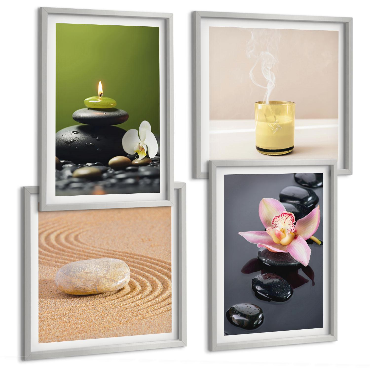 BILDER SET 4er Set - 50x50 cm & 40x60 cm Silberner Rahmen - Entspannende Zen-Steine für inneren Frieden - Silberfarben, Kunststoff (50/50cm) - TULUP