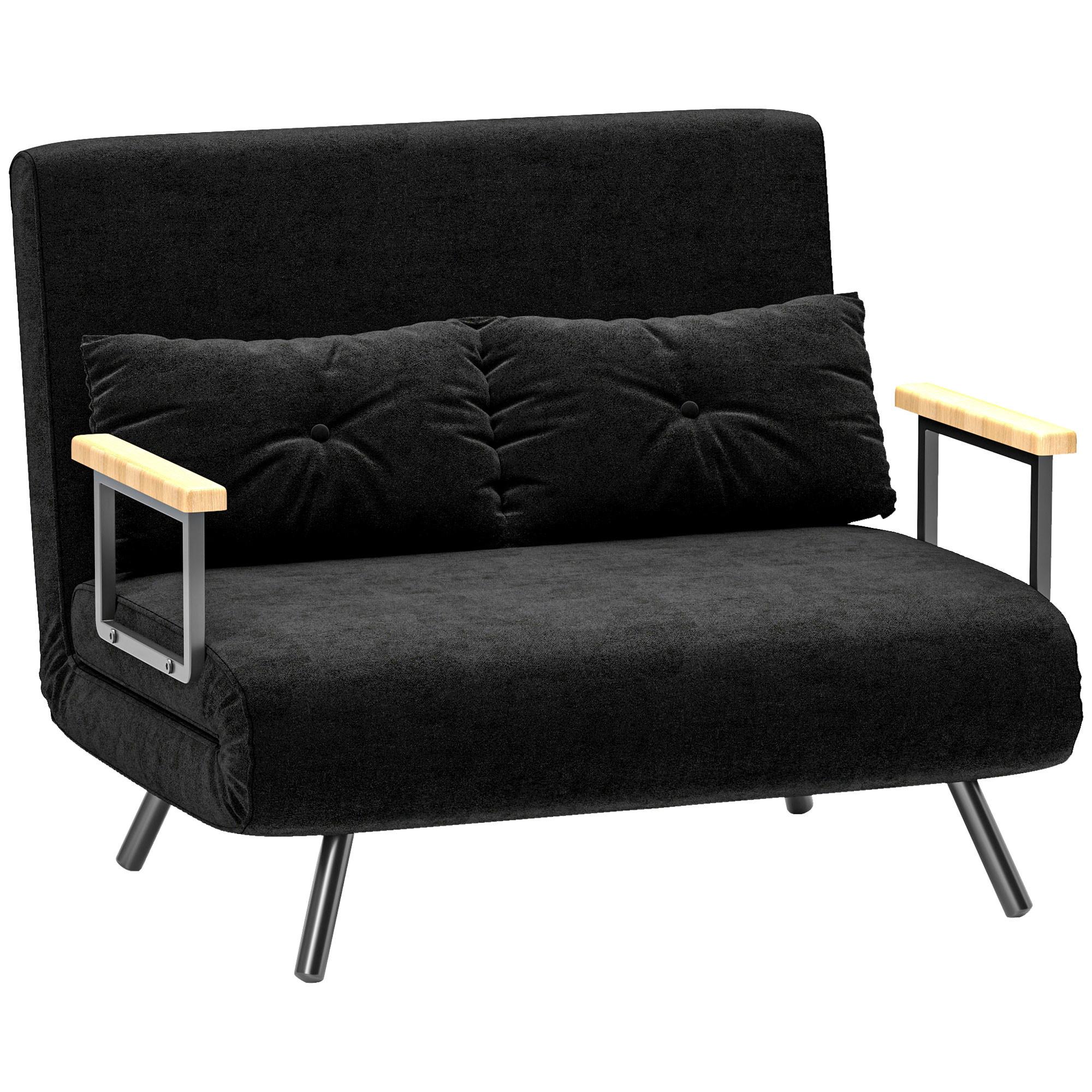 SCHLAFSOFA, Zweisitzer mit Bettfunktion, Schlafcouch mit Samtoptik, Rückenkissen - Schwarz/Naturfarben, Holz/Textil (73/81/102cm) - HOMCOM