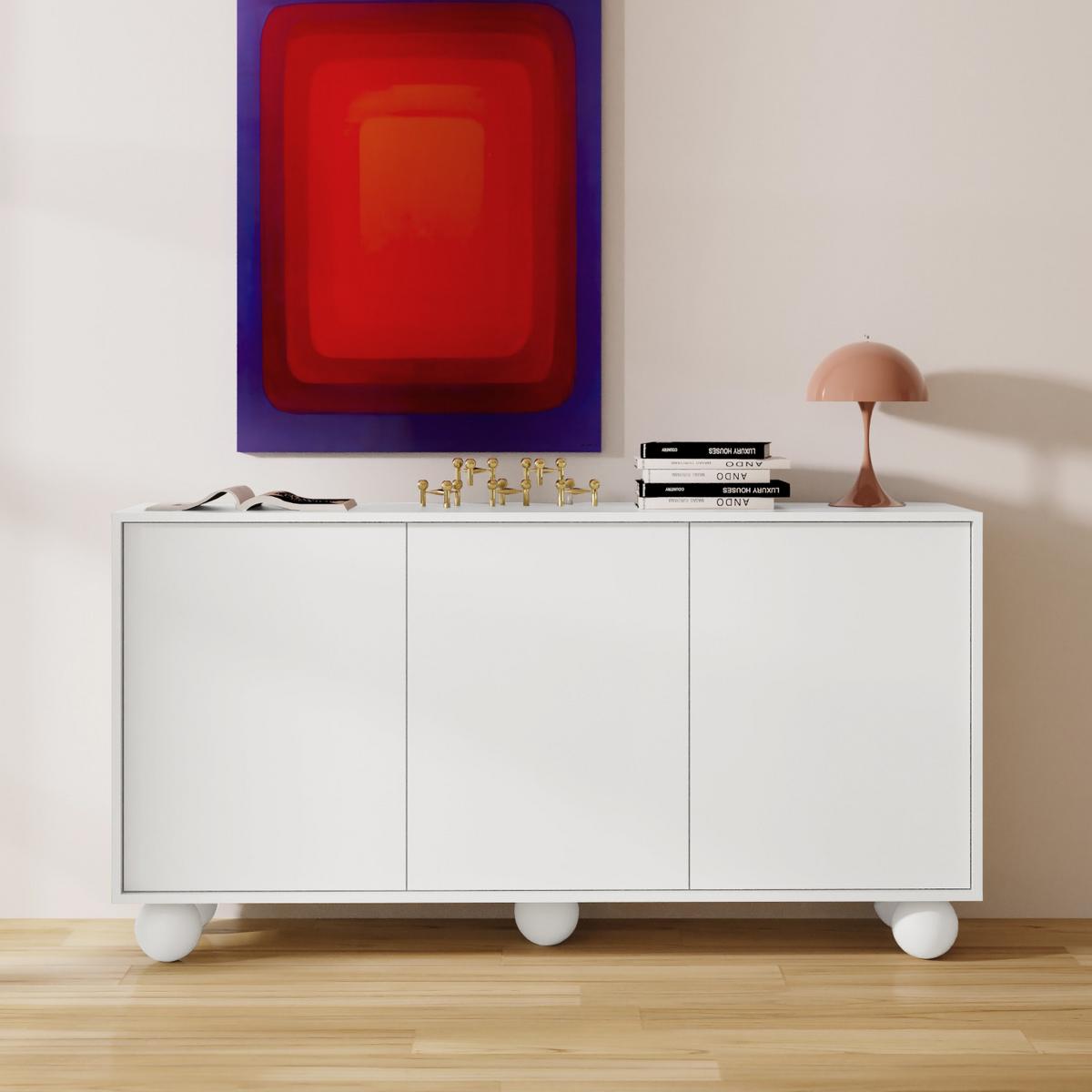 KOMMODE Adel mit 3 Türen und runden Füßen, 154 cm, Griffloss, Weiß - Weiß, Holzwerkstoff (154/81/38cm) - Beautysofa
