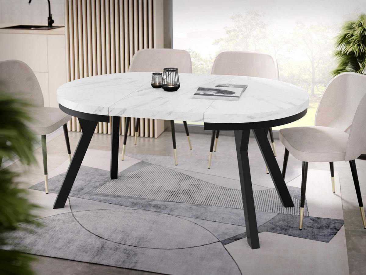 ESSTISCH Lume runder ausziehbarer, Weißer Marmor 100-150/100/76 cm - Ecru/Schwarz, Holz/Holzwerkstoff (100/150/76cm) - WFL GROUP