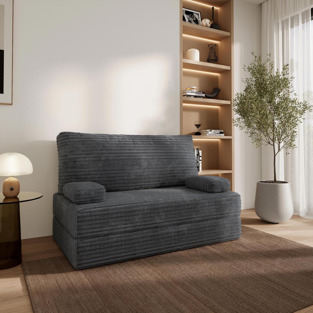 BETTSOFA LADIA aus Schaumstoff Kordstoff Grau Schlaffunktion - Dunkelgrau, Textil (140/86/60cm) - MASSENO