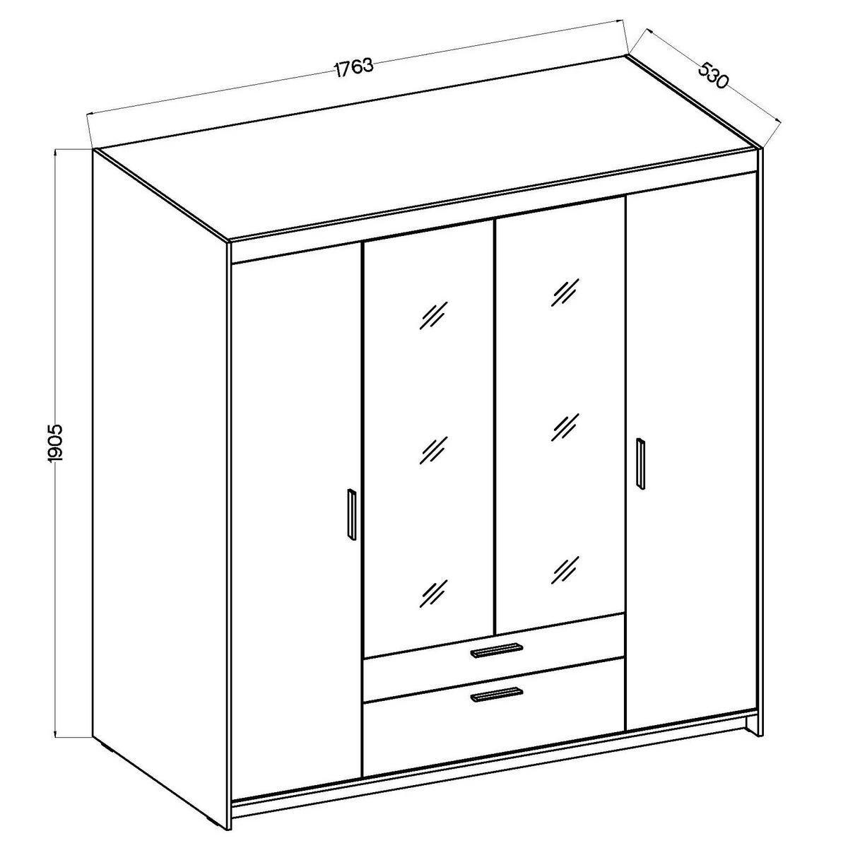 DREHTÜRENSCHRANK ELENORA 176,3/190,5/53cm 4-türig mit Spiegel Weiß - Weiß, Holzwerkstoff (176.3/190.5/53cm) - MASSENO