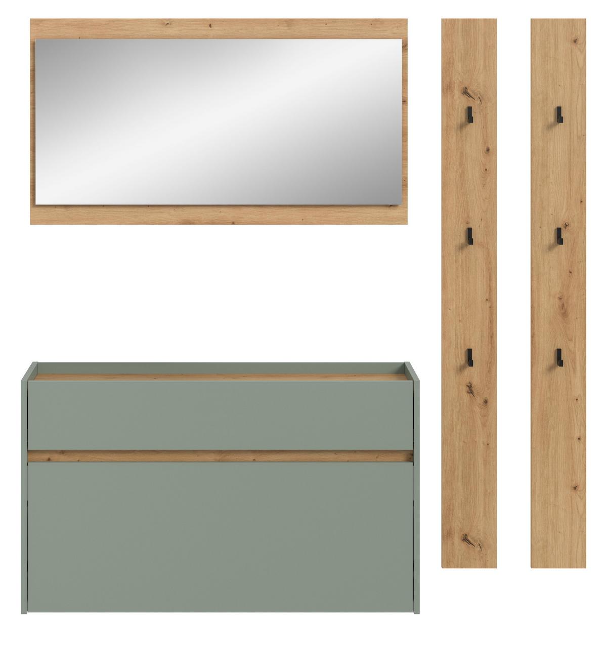 GARDEROBEN-SET Salbei grün, Eiche Artisan 4-teilig 172 cm, Garderobenmöbel hängend - Salbeigrün/Eiche Artisan, Glas/Holzwerkstoff (172/197/32cm) - Inn.Furn