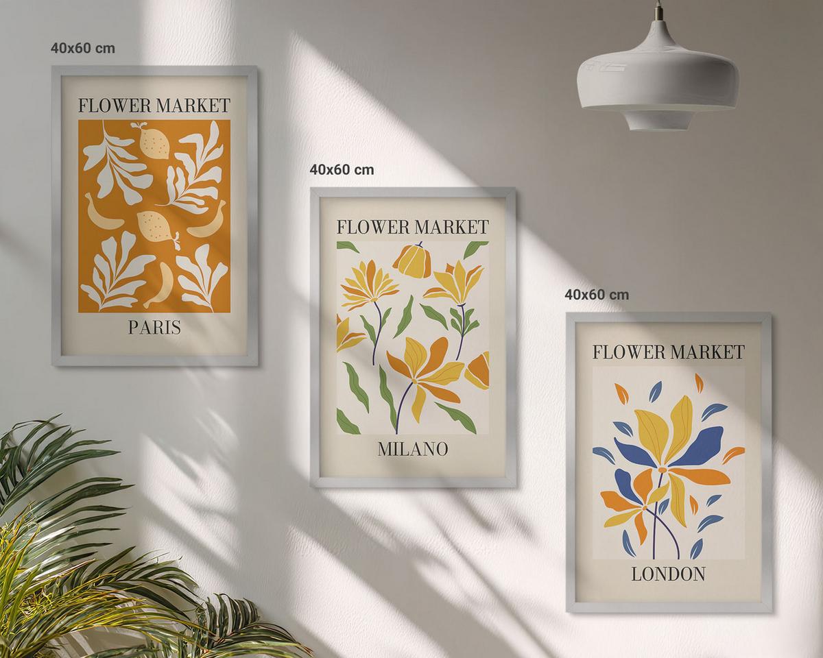 BILDER SET 3er Set - 40x60 cm Silberner Rahmen - Blumenposter Paris Mailand London - Silberfarben, Kunststoff (40/60cm) - TULUP