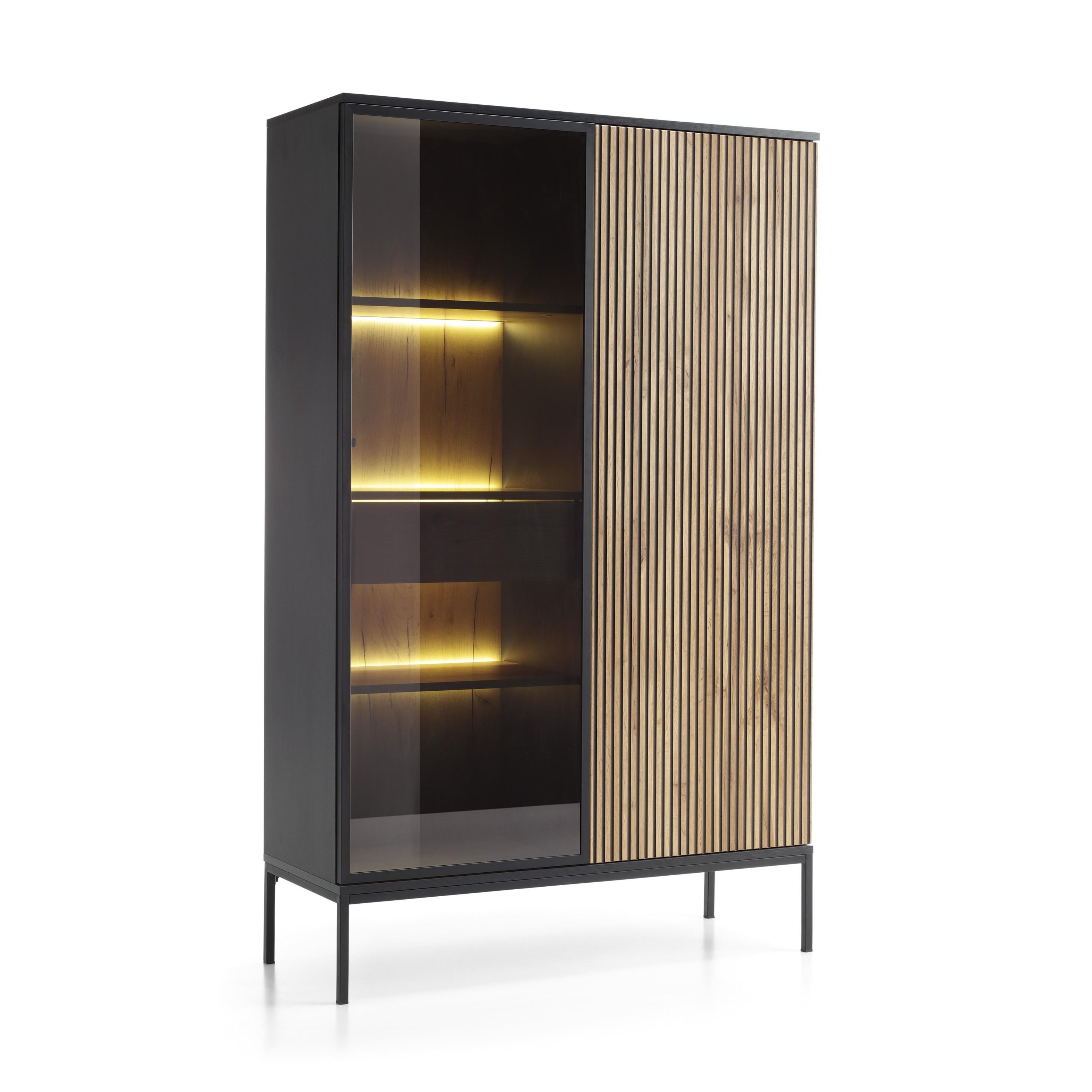 VITRINE SENTIERO 104 / 166 cm mit LED in Schwarz, Eiche Wotan - Schwarz, Holzwerkstoff (104/166/39cm) - MASSENO