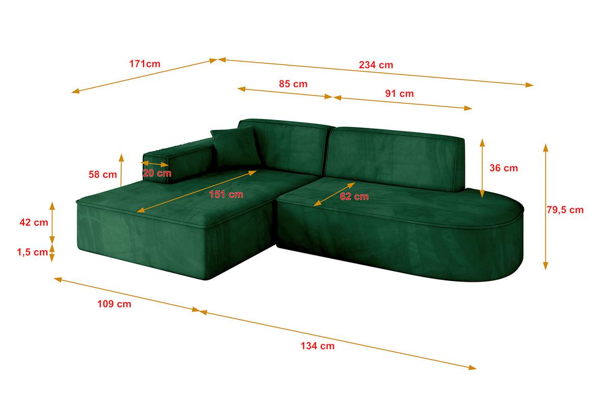 ECKSOFA Ottomane Links IREA-L1-v4 - 234x171x79 cm Grün - Grün, Holzwerkstoff/Textil (234/171cm) - ALTDECOR