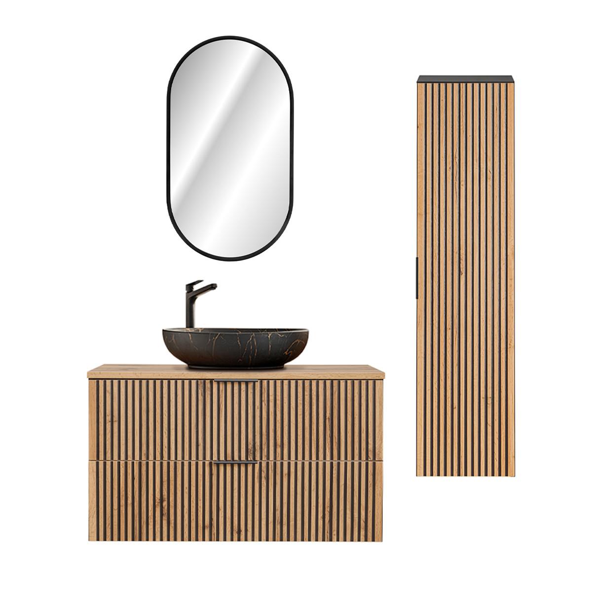 BADMÖBEL 100.6cm Gaia 2er-Set Holz in Eichenoptik und Schwarz - Schwarz, Holzwerkstoff (100.6/59/46cm) - Petits-meubles