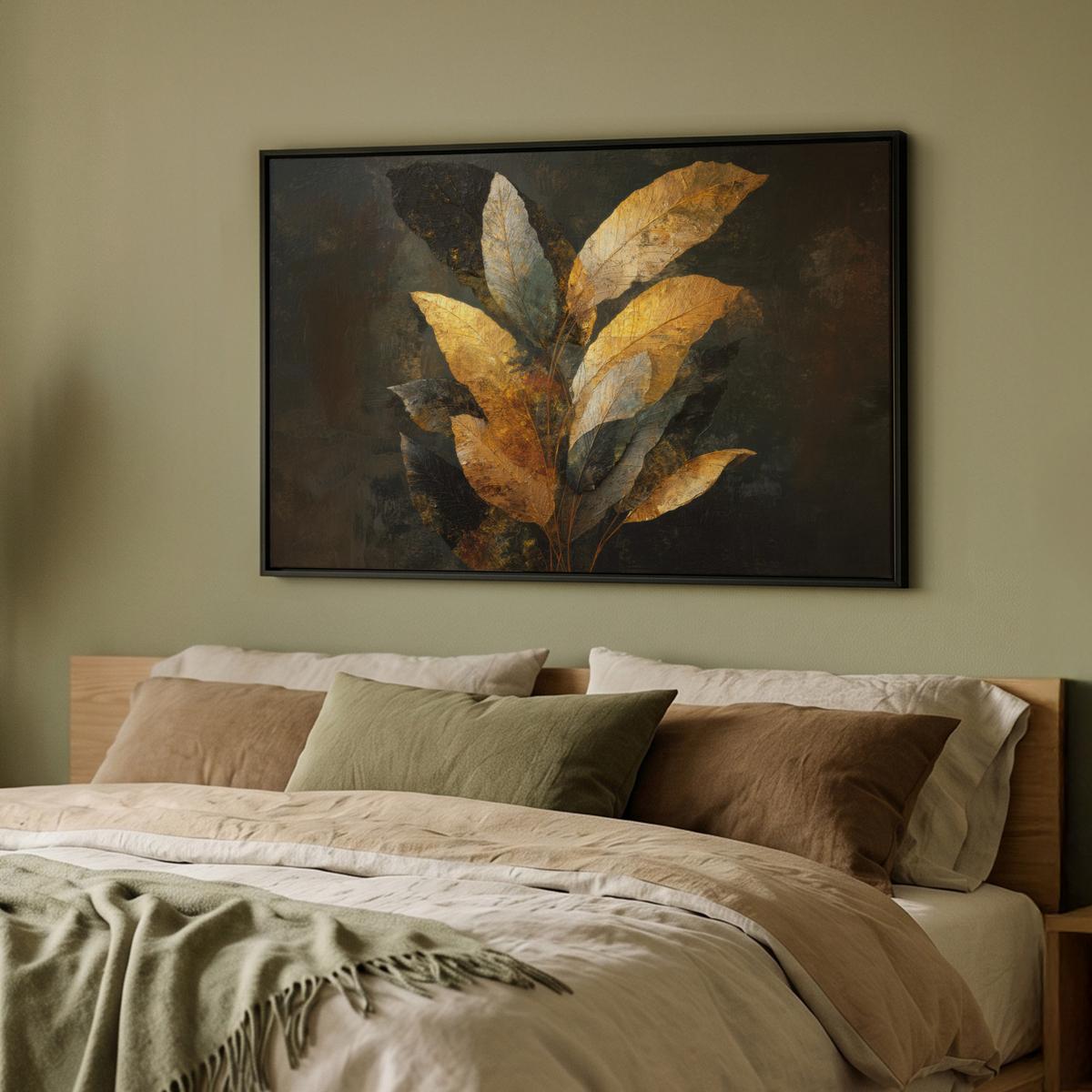 LEINWAND Bilder mit Rahmen - Golden Leaf Komposition - Botanical Luxury - 90x60 - Goldfarben, Textil (90/60cm) - MuchoWow