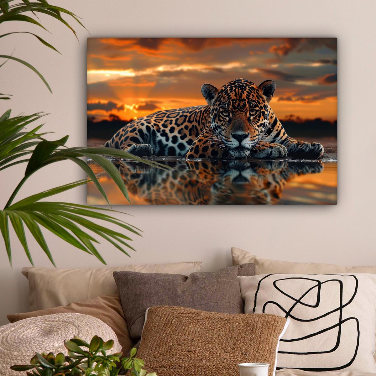 LEINWANDBILD Natur - Leopard - Tier - Sonnenuntergang - Modern Gemälde 60x40 cm - Orange, Textil (60/40cm) - MuchoWow