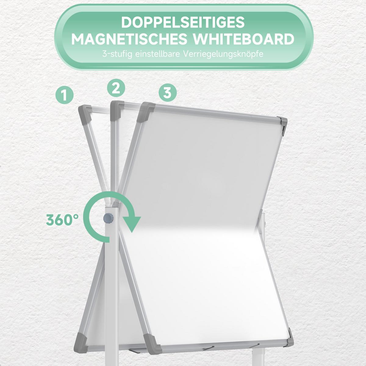 WHITEBOARD,120 x 90 cm, magnetisch, drehbar, mobil, inkl. Marker & Schwamm - Weiß, Metall (50/165/127cm) - HOMCOM