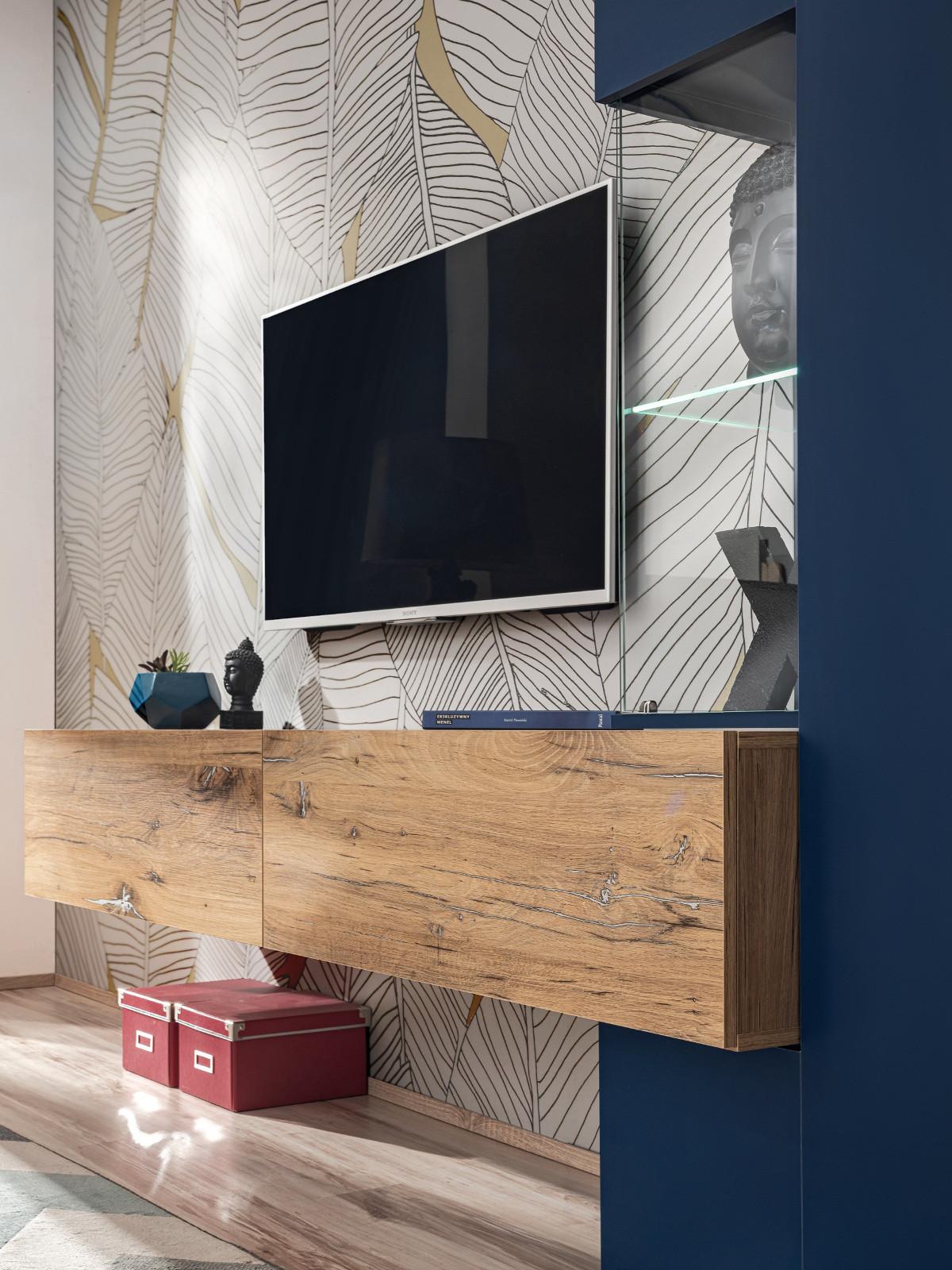 WOHNWAND Zinneiche, blau 210 cm, Schrankwand inklusive Beleuchtung - Blau/Eichefarben, Glas/Holzwerkstoff (210/162/40cm) - Furn.Design