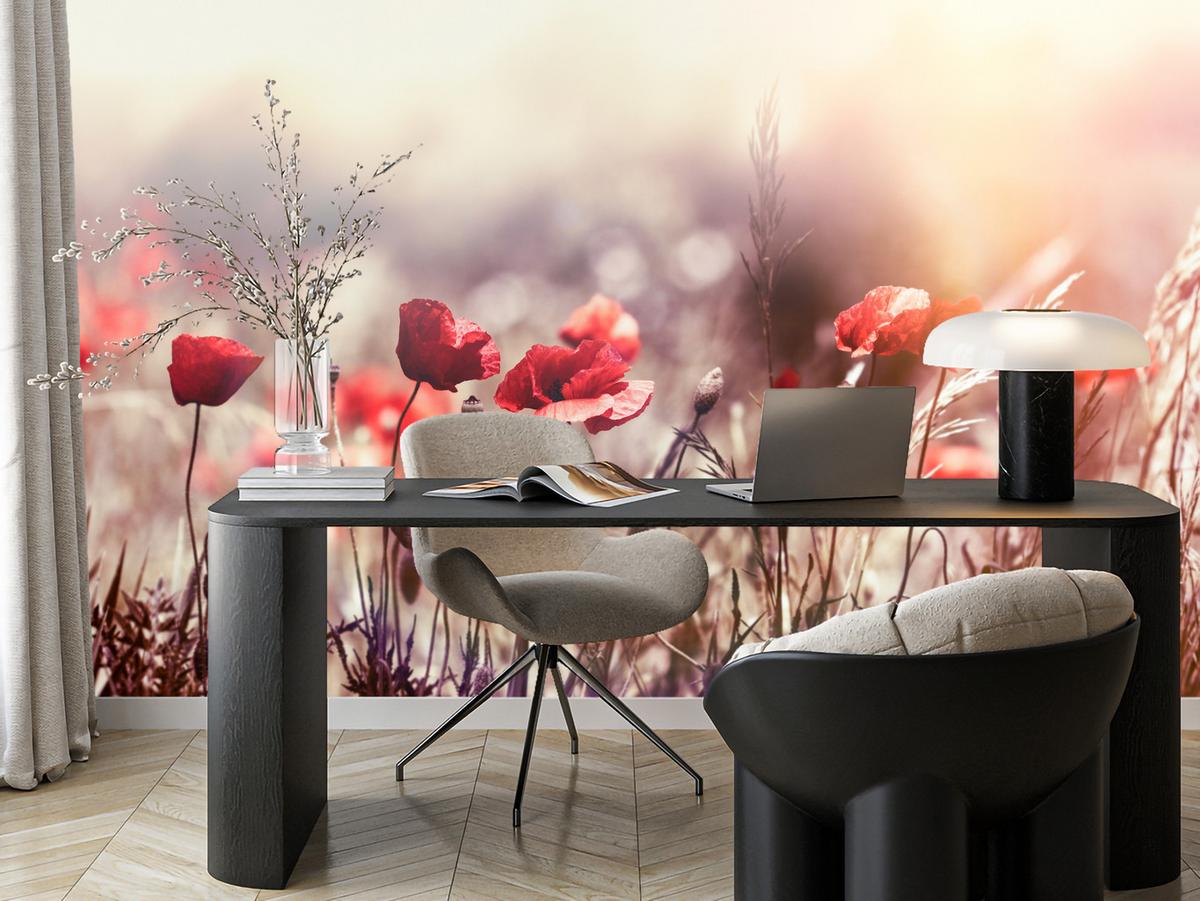 FOTOTAPETE für Esszimmer Feldblumen Rote Mohnwiese Sonne 450x315 - Rot/Orange, Papier (450/315cm) - Muralo
