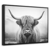 LEINWAND Bilder mit Rahmen - Schottischer Highlander - Nebel - Schwarz - Weiß - 40x30 - Grau, Textil (40/30cm) - MuchoWow