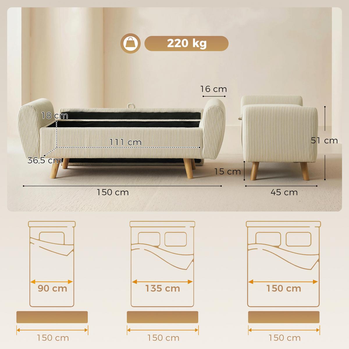 TRUHENBANK Polyester Gummibaumholz Beige - Beige, Holz/Textil (45/51/150cm) - HOMCOM