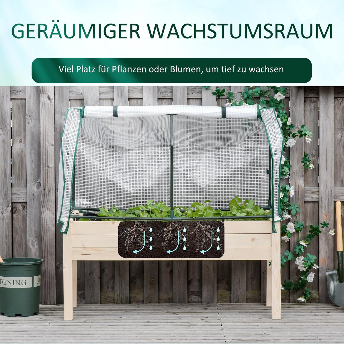 HOCHBEET Frühbeet mit Gewächshaus, Blumenkasten für Garten, Balkon, Tannenholz, Natur - Fichtefarben, Holz/Kunststoff (55/117/121cm) - Outsunny