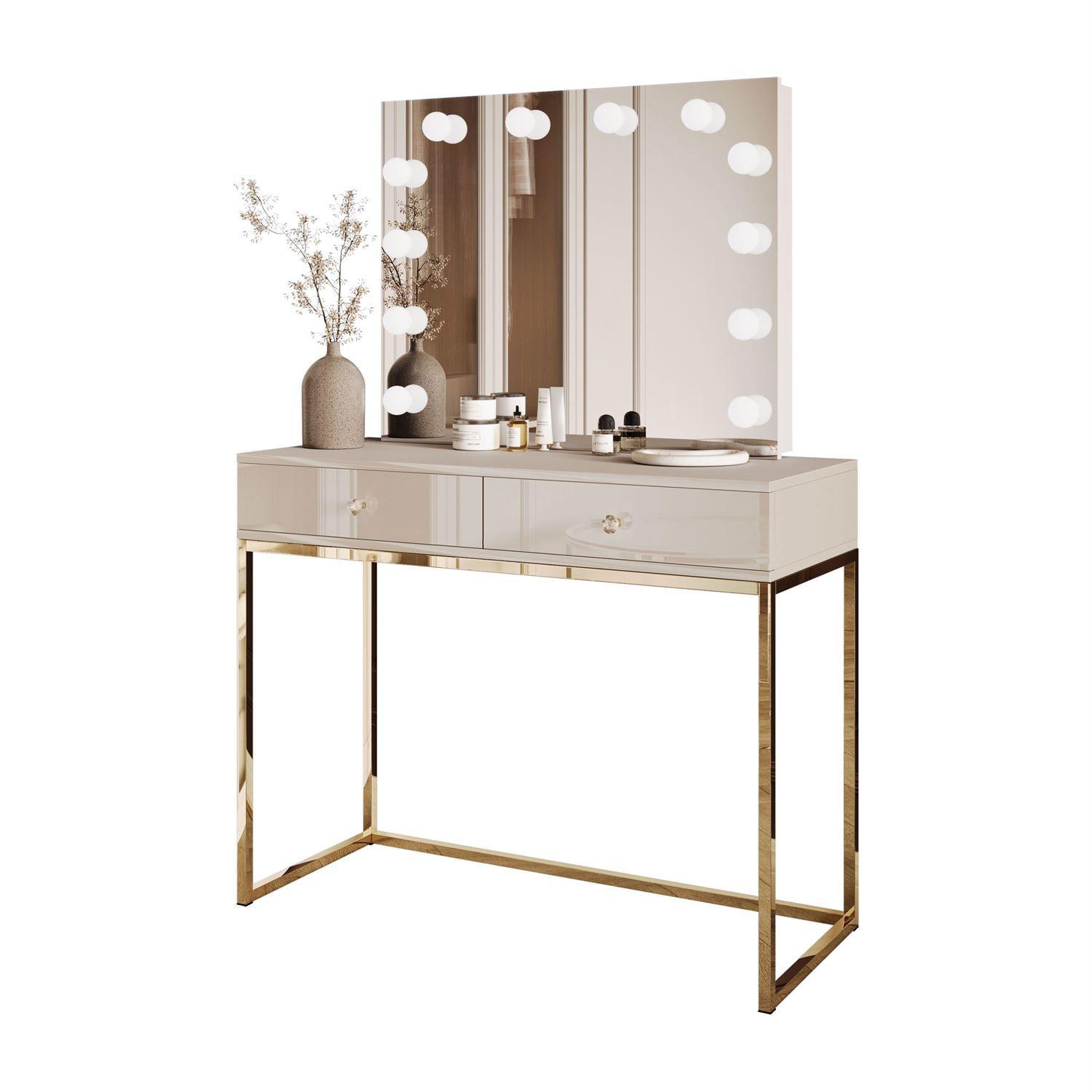 SCHMINKTISCH BLANCO KASCHMIR ELITE mit Spiegel und Beleuchtung goldener Chrom Kristallgriff - Beige, Holzwerkstoff (100/81/42cm) - Lookway