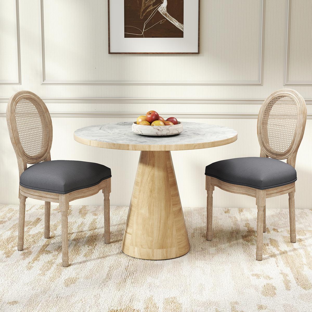 ESSZIMMERSTÜHLE 2er Set Küchenstuhl mit Rattan-Rückenlehne, Leinenoptik Grau - Naturfarben/Grau, Holz/Textil (56/96/49cm) - HOMCOM