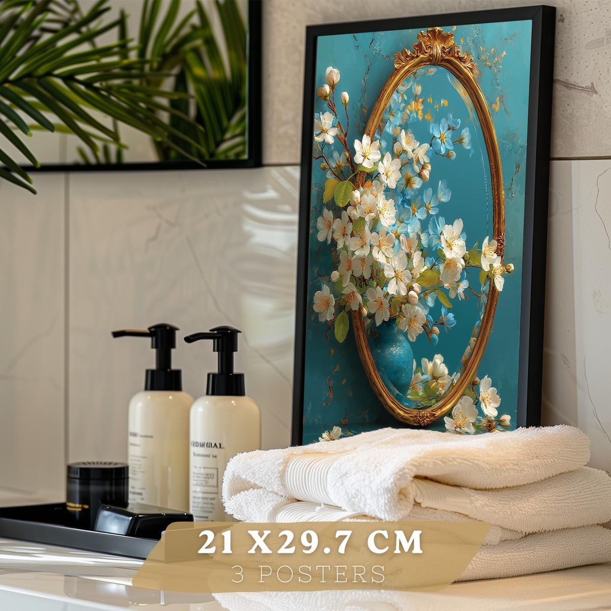 POSTER 3er-Set dekorative Badezimmer-Poster, elegante für Wand, Waschbecken, Dusche, mit Armatur, Spiegel und goldener Dusche Schwarzer Rahmen A4 - Schwarz, Papier (29.7/21/3cm) - Nacnic