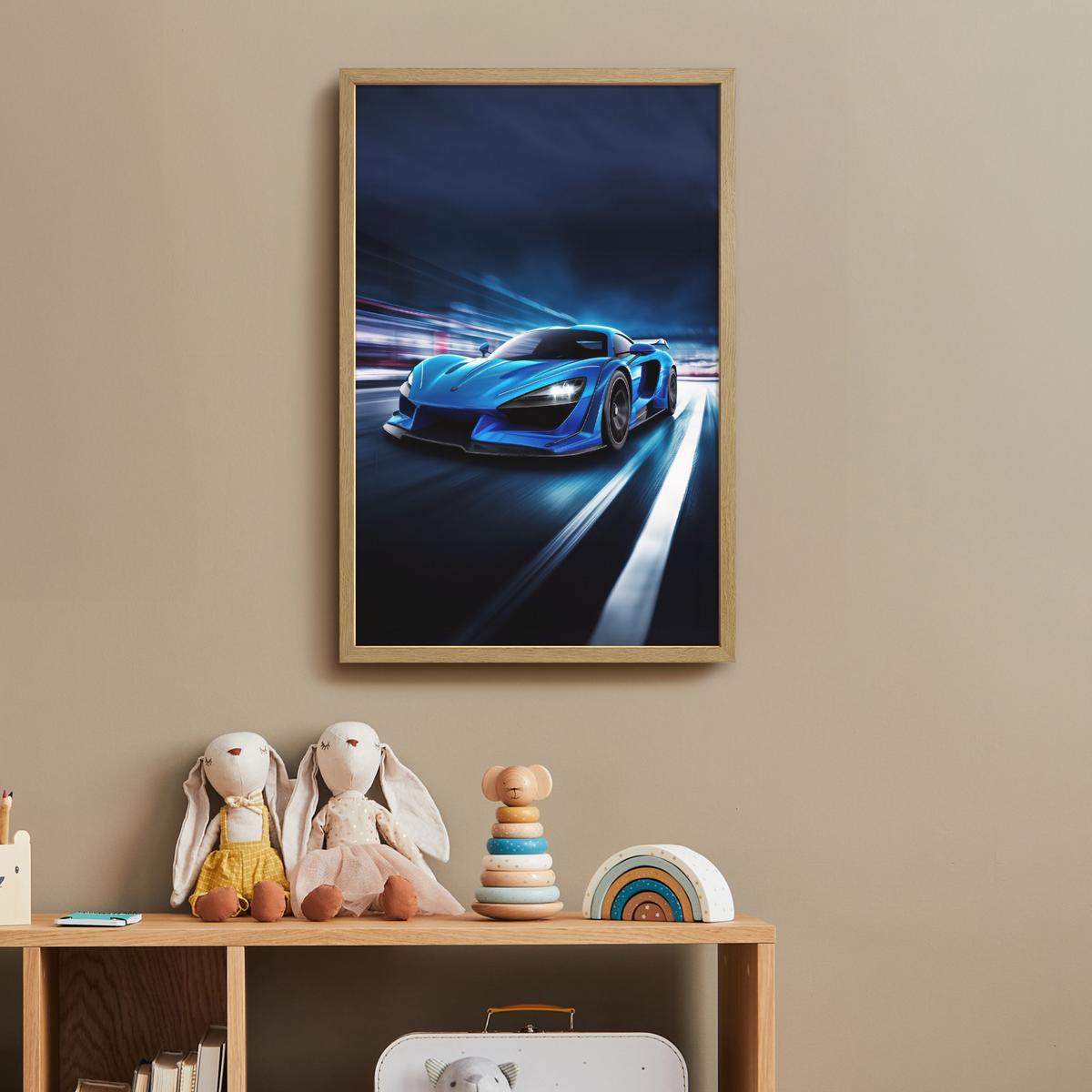 WANDLEUCHTE MIT AKKU Auto - Blau - Jungen - Kind 40x60 cm - Blau, Holzwerkstoff (40/60/8cm) - OnlyWow