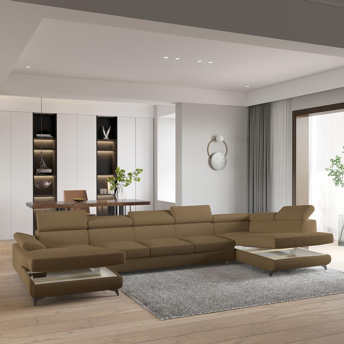 WOHNLANDSCHAFT MONTIVA Orange Boucle-Stoff mit Schlaffunktion - Orange, Holz (410/89/190cm) - MASSENO