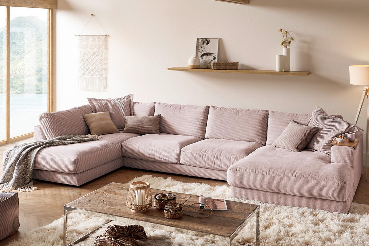 WOHNLANDSCHAFT MADELINE Pink Cord - Schwarz/Rosa, Kunststoff/Textil (425/86/224cm) - KAWOLA