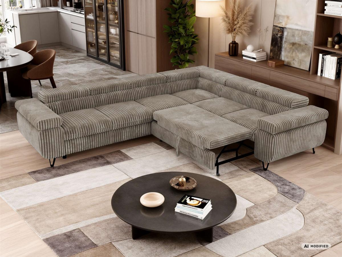 ECKSOFA NORDEN L - Hellbraun Cord - Links Seite - Hellbraun/Schwarz, Textil/Metall (269/329cm) - MKS