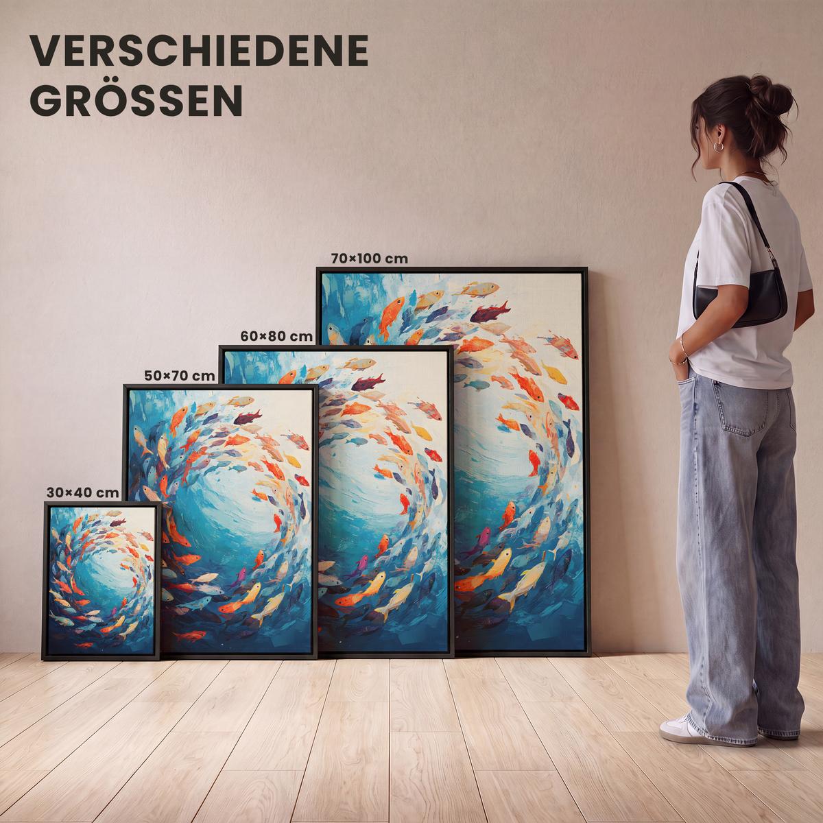 LEINWAND Bilder mit Rahmen - Meer - Fische - Bunt - Dynamisch - 70x100 - Hellblau, Textil (70/100cm) - MuchoWow