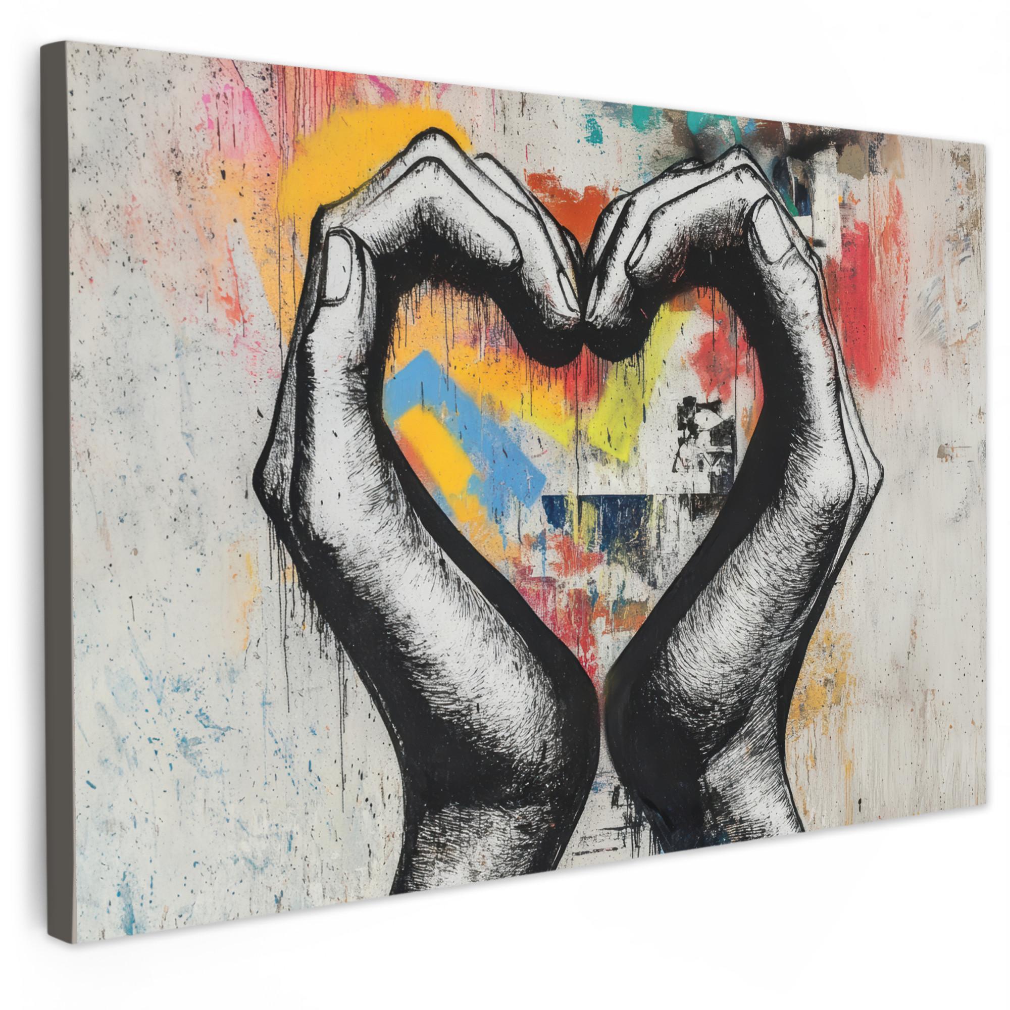 LEINWANDBILD Hände - Herz - Straßenkunst - Graffiti Wanddeko 90x60 cm - Multicolor, Textil (90/60cm) - MuchoWow