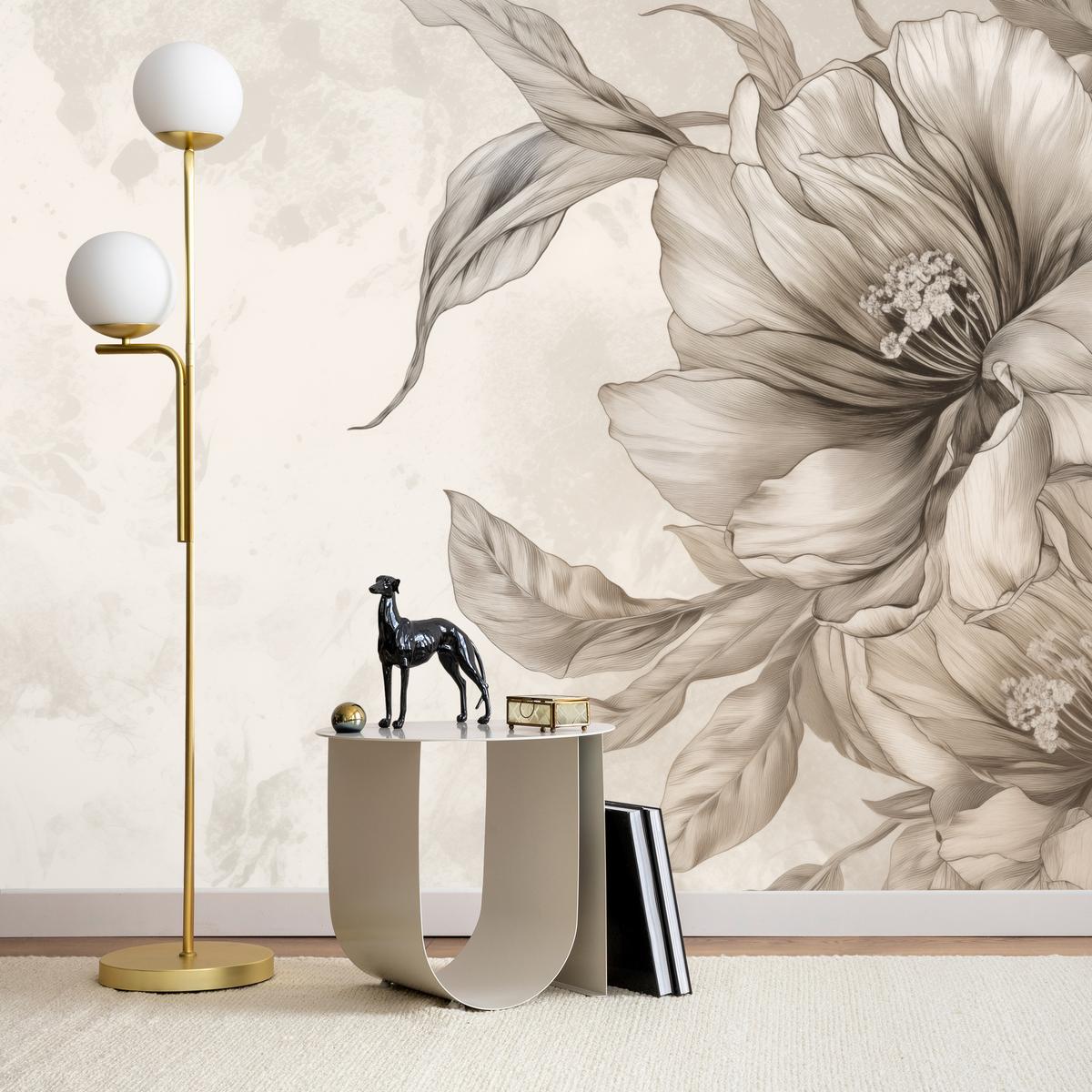 FOTOTAPETE für Schlafzimmer Zarte Beige Blumen Minimalismus Modern 500x350 - Beige, Papier (500/350cm) - Muralo